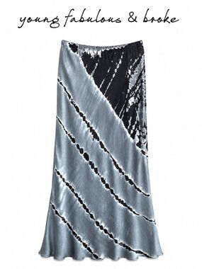YOUNG FABULOUS BROKE  YFB Sylvie Tie Dye Midi Skirt M Green Satin Boho NWT